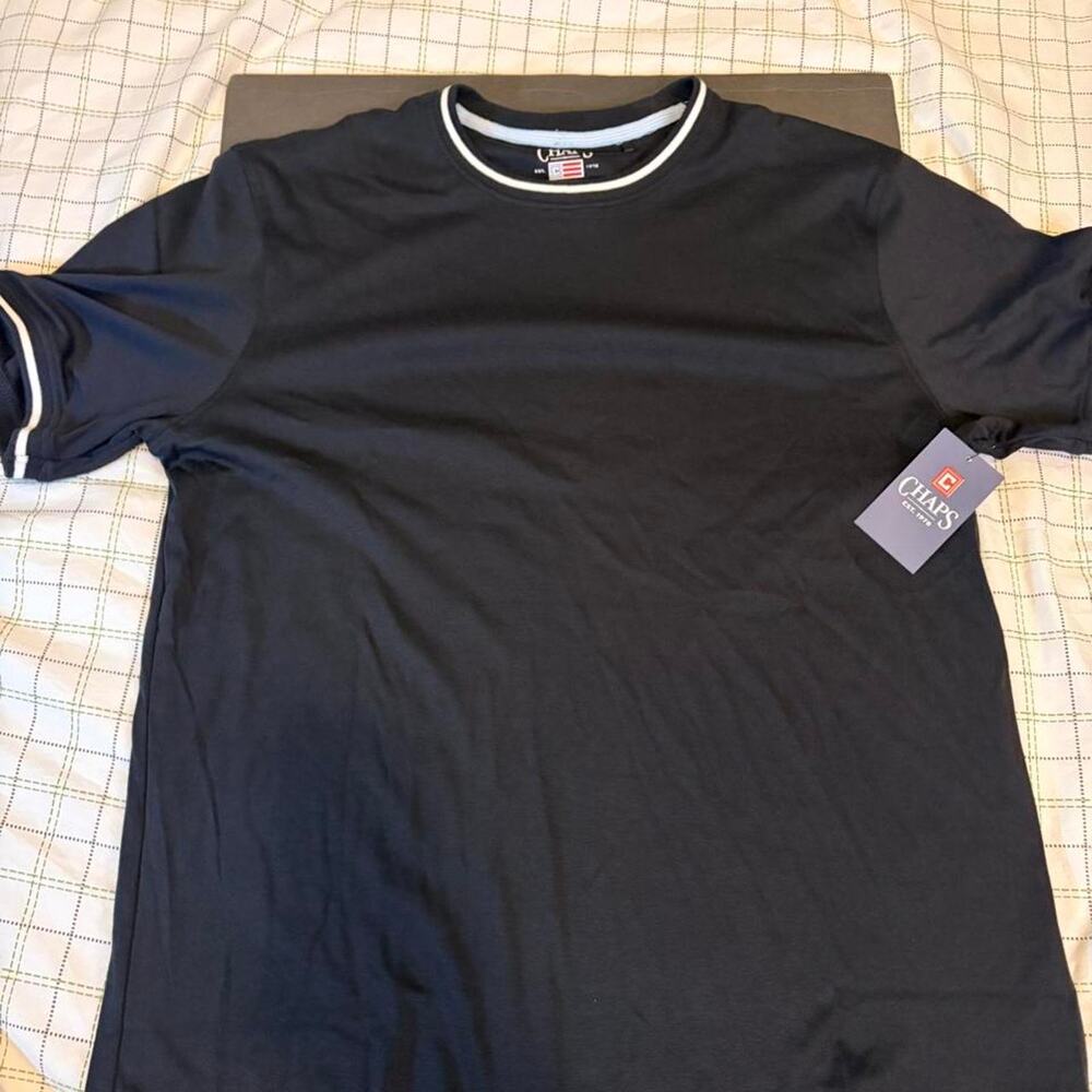 Chaps Black T-Shirt with White Trim, Size L